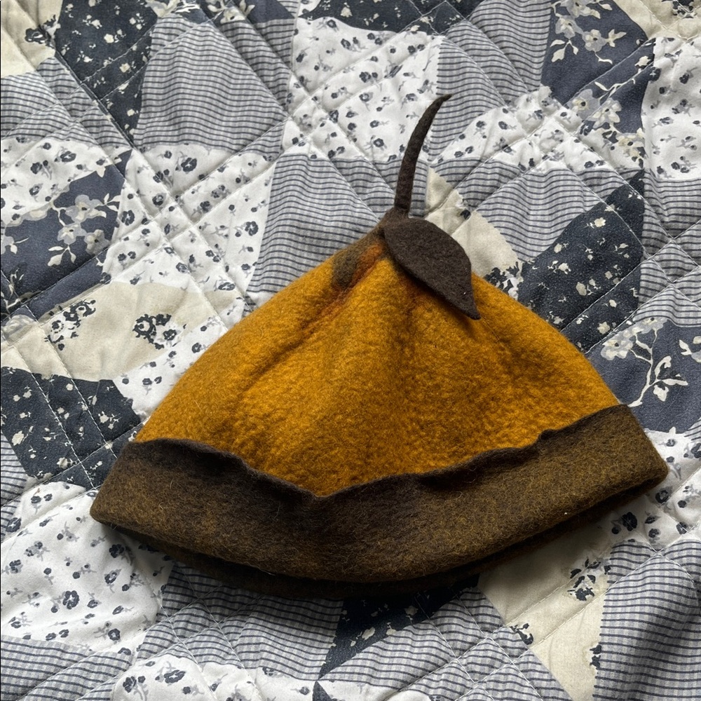 Yellow and Brown Wool Felt Pumpkin Beret Hat